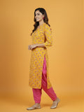 Mustard Printed Kurta & Contrast Pink Farsi Salwar Ensemble