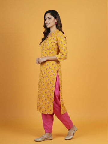 Mustard Printed Kurta & Contrast Pink Farsi Salwar Ensemble