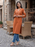 Rust Straight Kurta with Embroidered Yoke