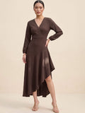 Brown Wrap Dress With A Flattering High-Low Silhouette .