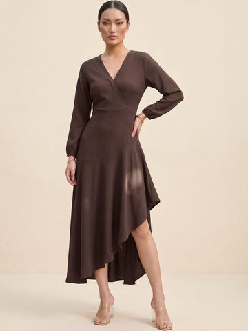 Brown Wrap Dress With A Flattering High-Low Silhouette .