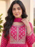 Bandhani-Printed Fuchsia Anarkali With Zari-Embroidered Yoke, Paired With Solid Trousers And Dupatta .