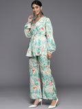Varanga Women Teal Abstract Printed V-Neck Angrakha Style Top With Printed Flared Bottom