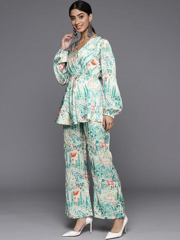 Varanga Women Teal Abstract Printed V-Neck Angrakha Style Top With Printed Flared Bottom