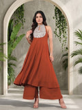 Varanga Women Rust Yoke Embroidered Sleeveless Flared Kurta With Trousers.