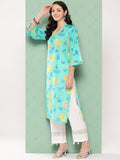 KSUT Women Turqouise Blue Floral Printed Straight Kurta With Bell Sleeves