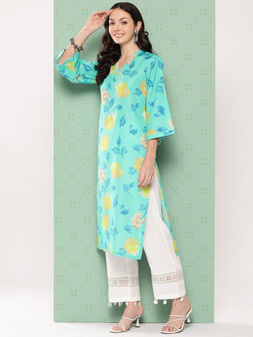 KSUT Women Turqouise Blue Floral Printed Straight Kurta With Bell Sleeves