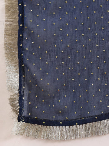Varanga Women Blue Round Neck With Embroidered Kurta , Full Sleeves , Straight Kurta With Side Slits, Paired With Tonal Bottom And Dupatta.