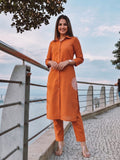 Womens Rust Orange Shirt-Style Kurta with Trousers