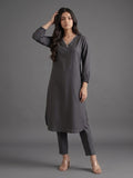 Women Straight Kurta With Embroidery On Neck Paired With Solid Trousers
