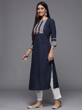Varanga Women Navy Blue & White Yoke Design Screen Print Thread Work Cotton Straight Kurta