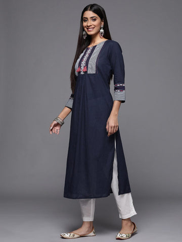 Varanga Women Navy Blue & White Yoke Design Screen Print Thread Work Cotton Straight Kurta