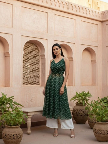 Trendy Bandhni Kurta With Back less Dori Detailing