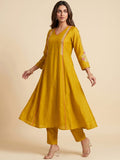 Mustard Yellow Embroidered A-Line Kurta Set With Sequin Detailing