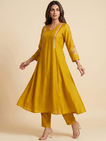 Mustard Yellow Embroidered A-Line Kurta Set With Sequin Detailing
