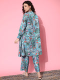 KSUT Women Sea Green Abstract Printed Regular A-Line Kurta with Trousers
