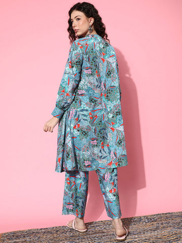 KSUT Women Sea Green Abstract Printed Regular A-Line Kurta with Trousers