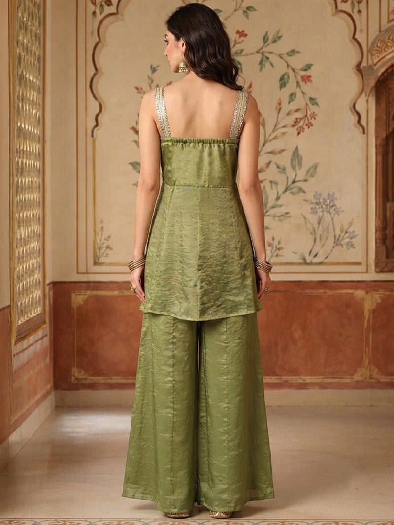 Varanga Women Empire Mirror Work front slit kurta with flared Palazzos & With Dupatta