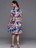 KSUT navy blue floral print puff sleeves tiered a line dress