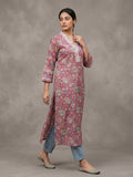 Varanga Women Pink Floral Printed V- Neckline Lace Detailed Stright Kurta