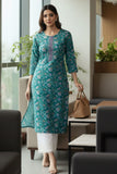 Varanga Women Turquoise Blue Floral Printed Straight Kurta