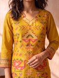 Mustard Kurta Set Featuring Artistic Prints And A Statement Dupatta