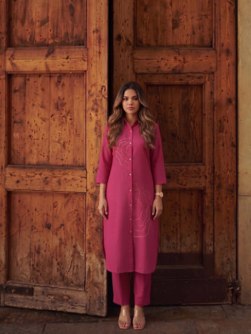 Womens Magenta asymmetrical -Embroidered kurta set