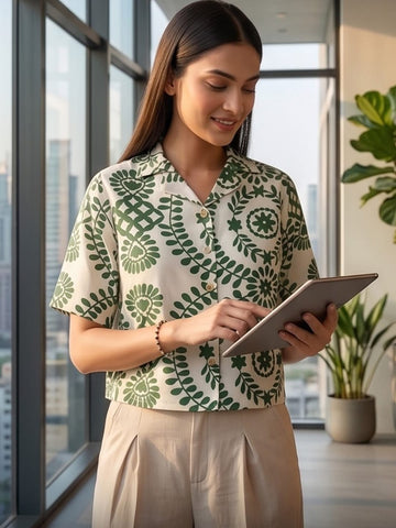 Green Coloured Short Sleeves Shirt Collar Top