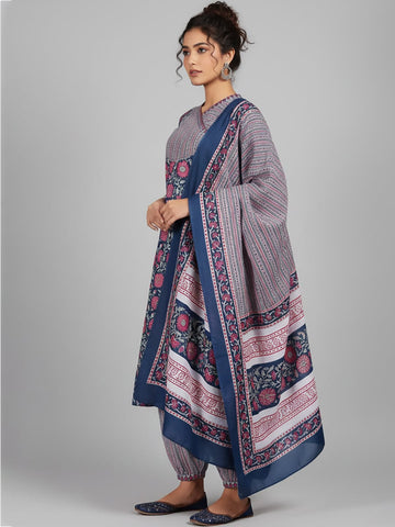 Varanga Women Ethnic Floral Printed V Neck Kurta With Stripper Trouser & Dupatta