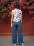 Indigo Block-Print Sleeveless Collared Crop Shirt