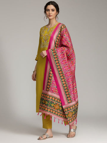 Varanga Women Gota Embroidered Yoke Kurta With Trousers And Dupatta Set