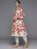 Varanga Women Off-White & Brown Floral Printed V-Neck Anarkali Kurta With Dhoti Pant