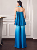 Ombere Blue V Halter Neckline Set And Flowy Wide-Leg Pants