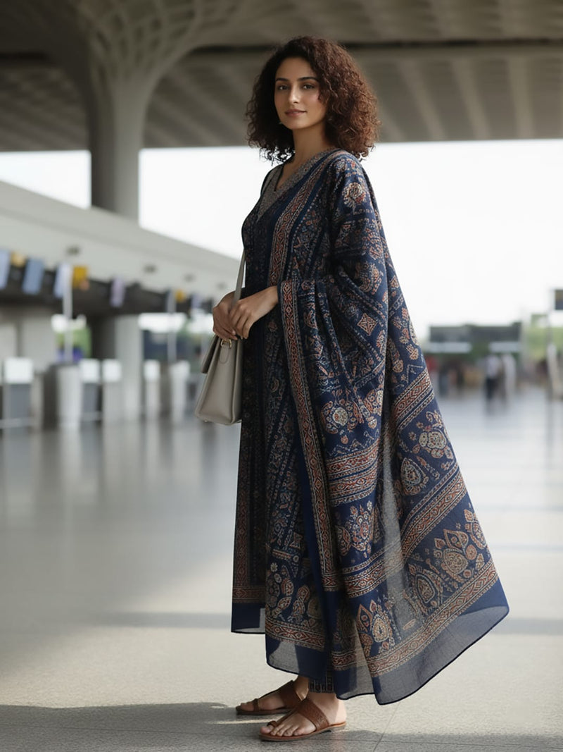 Varanga Women Blue Printed Embroidered Kurta With Bottom And Dupatta