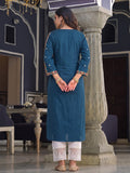 Women's Blue Yoke Embroidered Straight Kurta