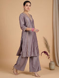 V Neck  Kurta With Lace Detailing, Paired With Solid Trousers And A Contrasting Fuchsia Dupatta.