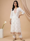 Varanga Women Elegant White 3-Piece Suit Set With Woven Kurta, Straight Pants, And A Rich Brocade Dupatta.