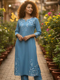 varanga women's ethnic solid skyblue round neck with v notch A line kurta with elegant emb. and  3/4 sleeves.