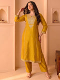 Mustard Embroidered Kurta Set, Paired With A Shiny Striped Dupatta
