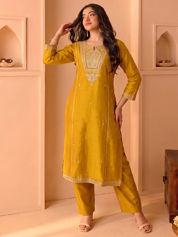 Mustard Embroidered Kurta Set, Paired With A Shiny Striped Dupatta