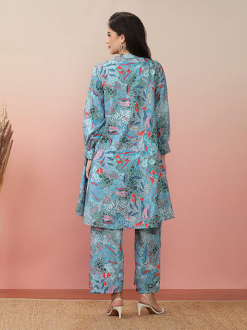 Varanaga sea green abstract printed mandarin collar, bishop sleeves Aline kurta paired with tonal printed bottom