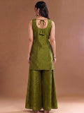 Round Neck Embroidered Kurta Set Featuring Zari And Sequin Work With Flared Palazzo And Embellished Dupatta