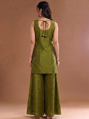 Round Neck Embroidered Kurta Set Featuring Zari And Sequin Work With Flared Palazzo And Embellished Dupatta