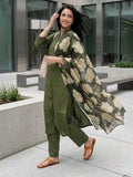 Women Olive Green Solid Kurta with Printed Organza Dupatta