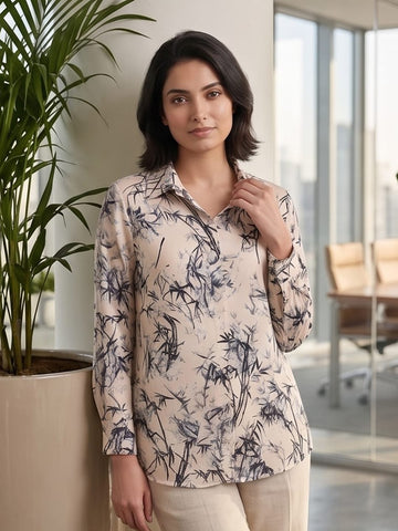 Cream Coloured Slim Collar Long Sleeves Floral Shirt