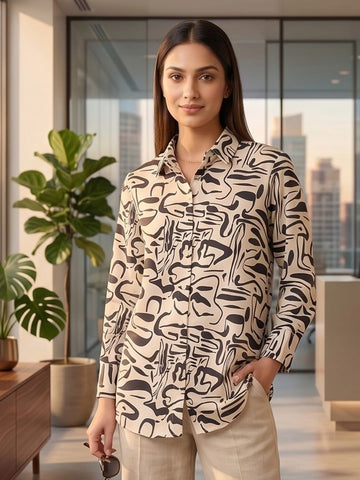 Cream Coloured Slim Collar Long Sleeves Geometric Shirt