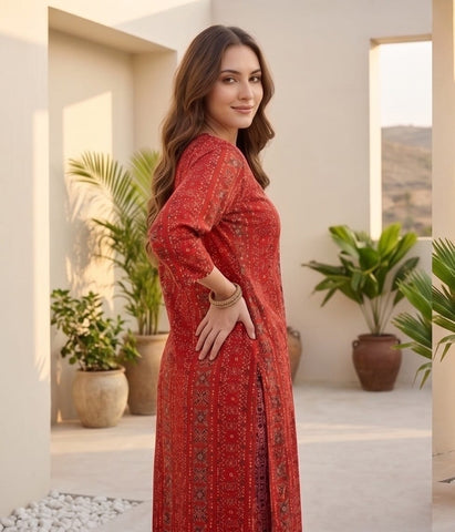 Varanga Women Red Printed V-Neck Embroidered Kurta With Bottom And Dupatta