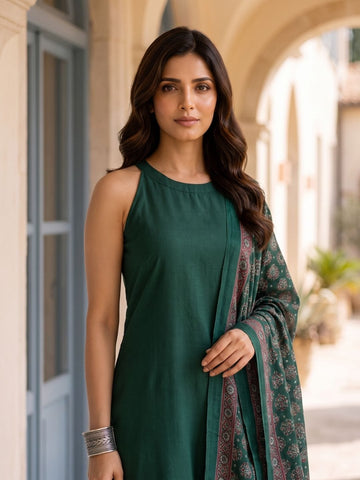 Women Green Halter Neck Solid Straight Kurta Paired With Tonal Bottom And Printed Bhagalpuri Dupatta