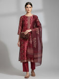 Varanga Women Maroon Floral Printed Kurta, Round Neck Straight Kurta Paired With Tonal Bottom And Printed Dupatta.