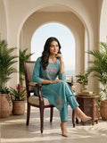 Women Floral Embroidered Teal Blue Straight Kurta Set